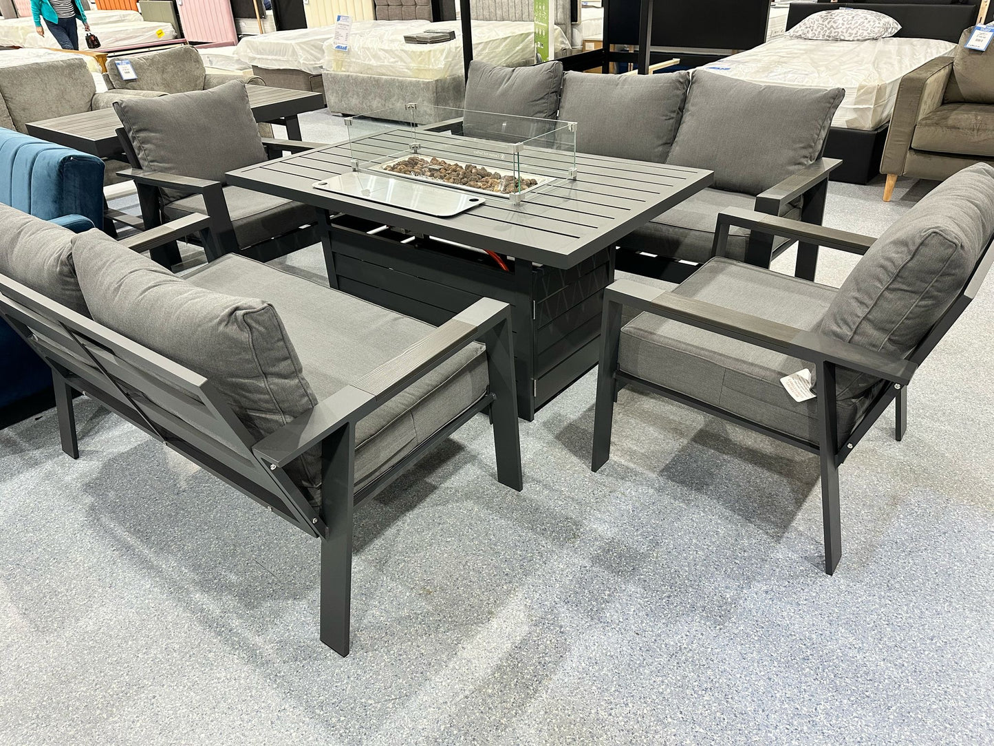 Florida Grey Aluminium 7 Seater Sofa Fire Pit Table Set