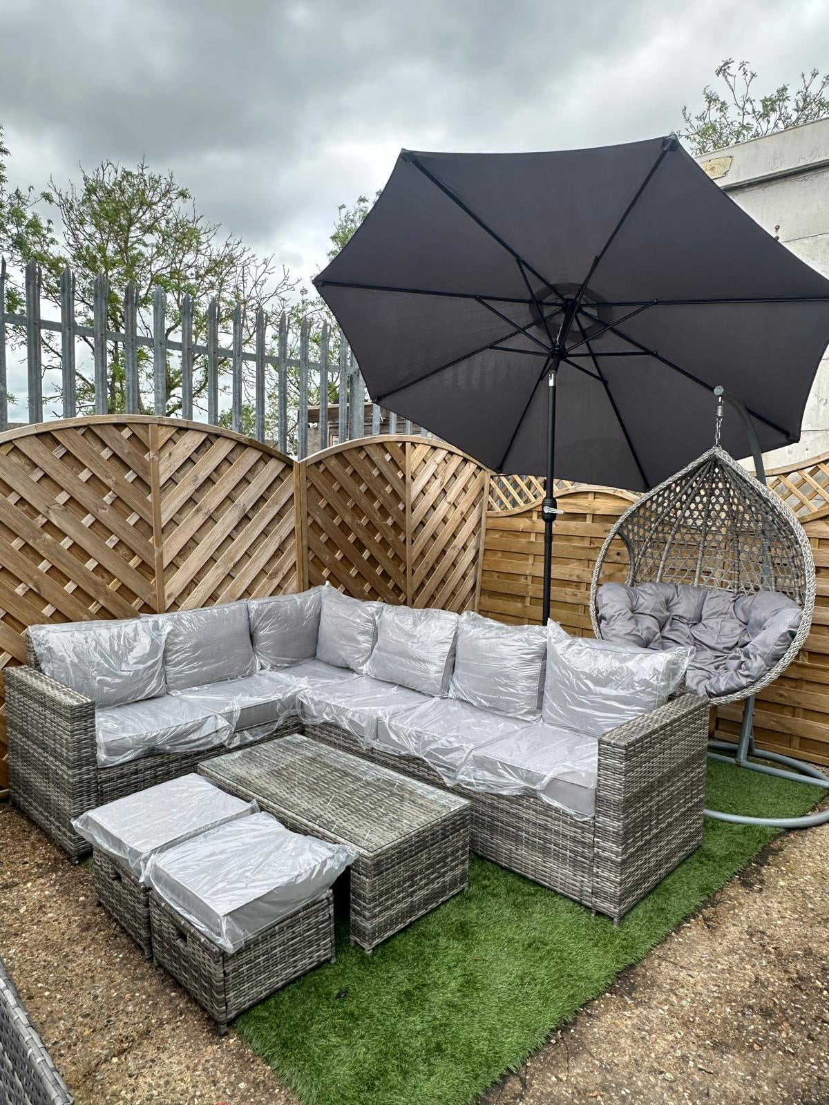 Garden Furniture Bundle 2 - Rattan Corner Lounge Set, Egg Chair, Parasol & Base