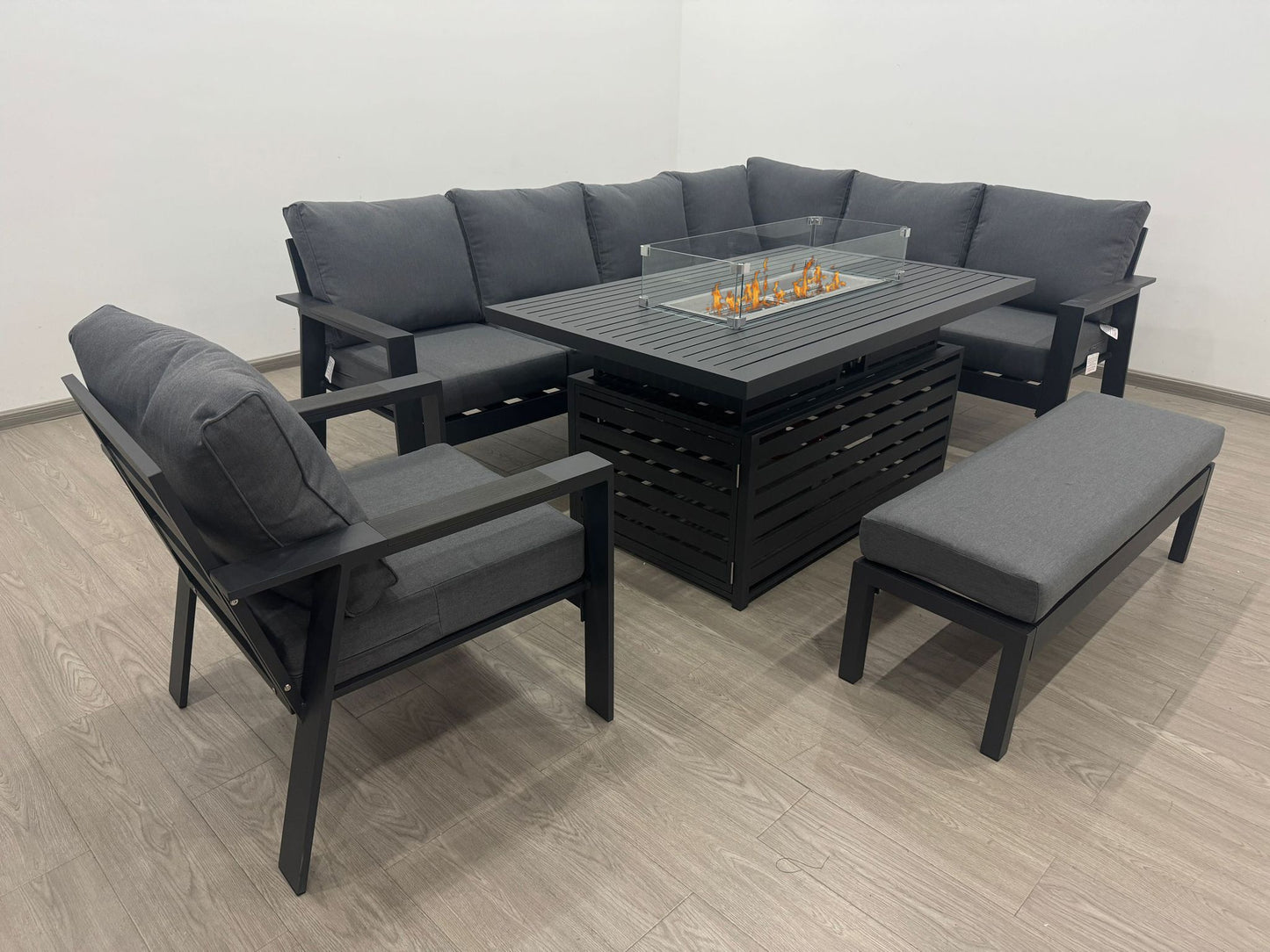 Vegas Aluminium Large Corner Sofa With Rising Firepit & Armchair Set