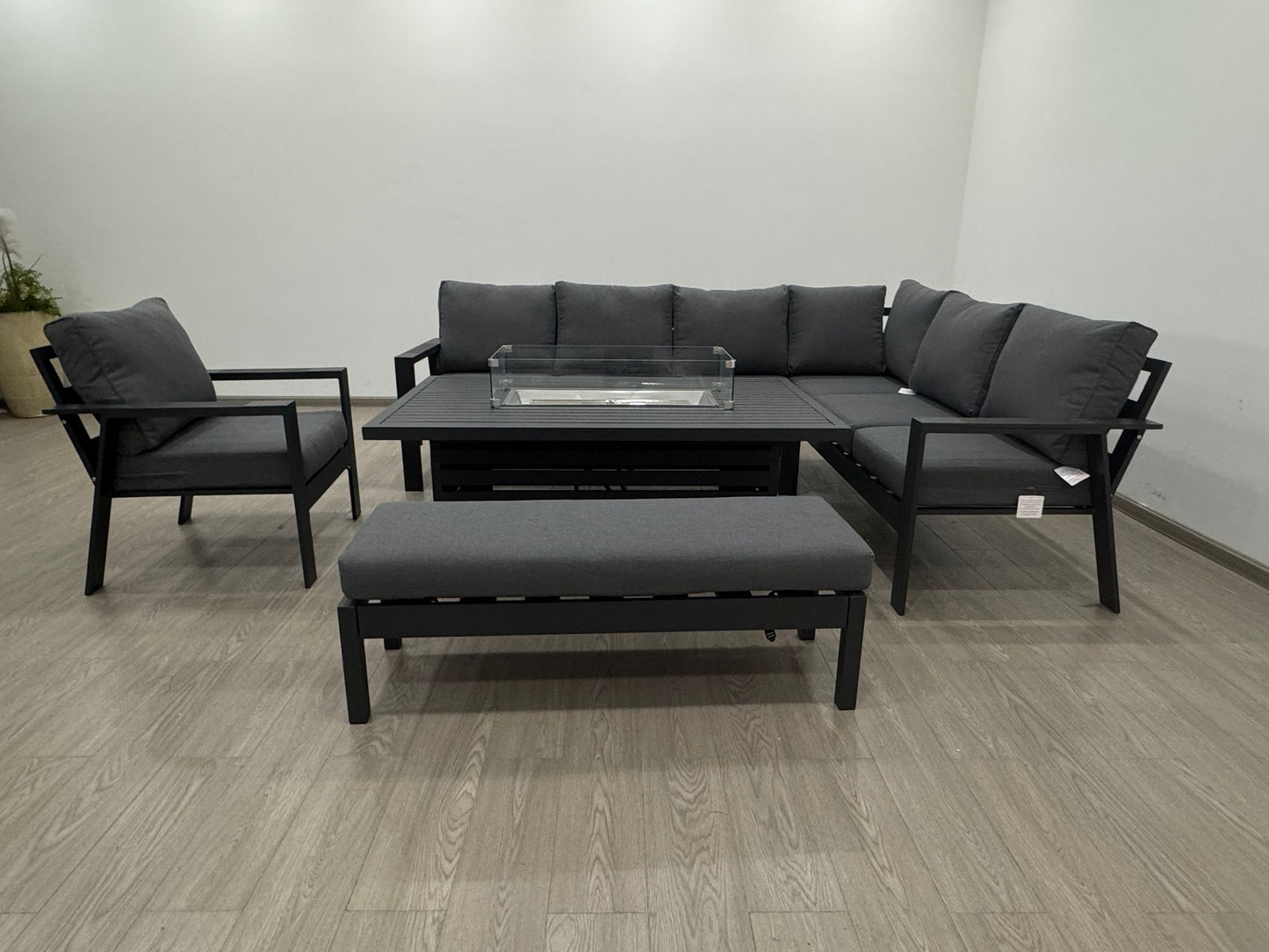Vegas Aluminium Large Corner Sofa With Rising Firepit & Armchair Set