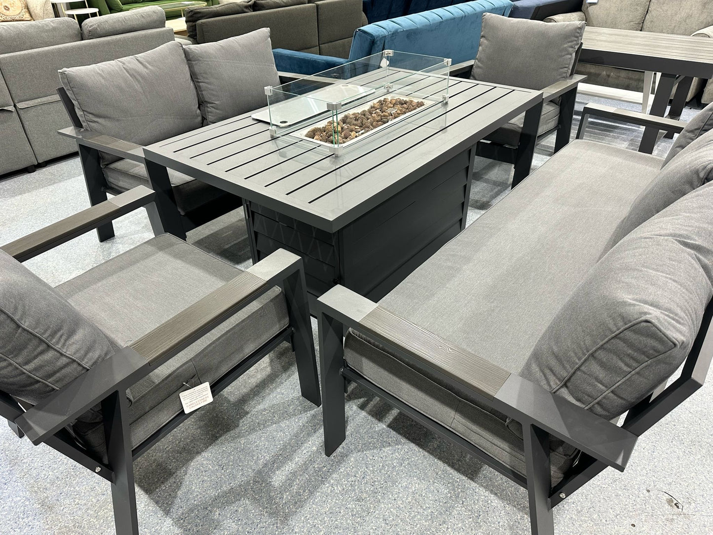 Florida Grey Aluminium 7 Seater Sofa Fire Pit Table Set