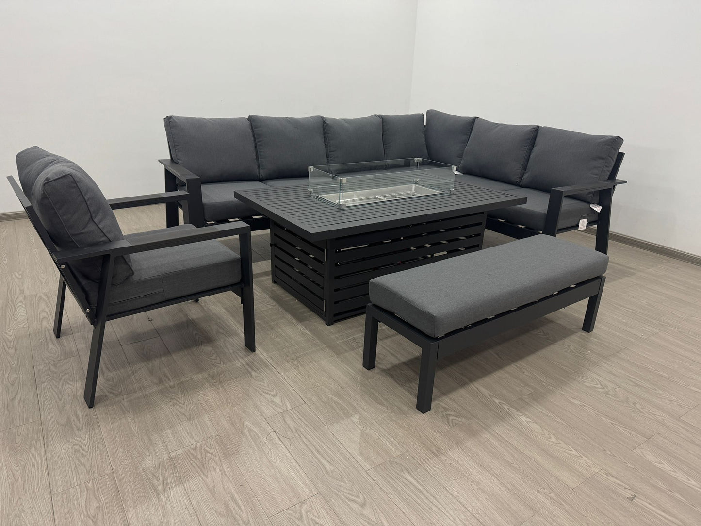 Vegas Aluminium Large Corner Sofa With Rising Firepit & Armchair Set
