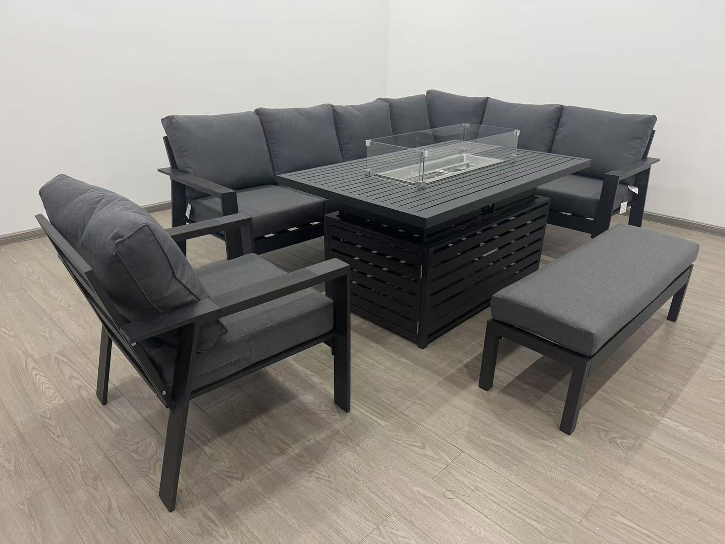 Vegas Aluminium Large Corner Sofa With Rising Firepit & Armchair Set