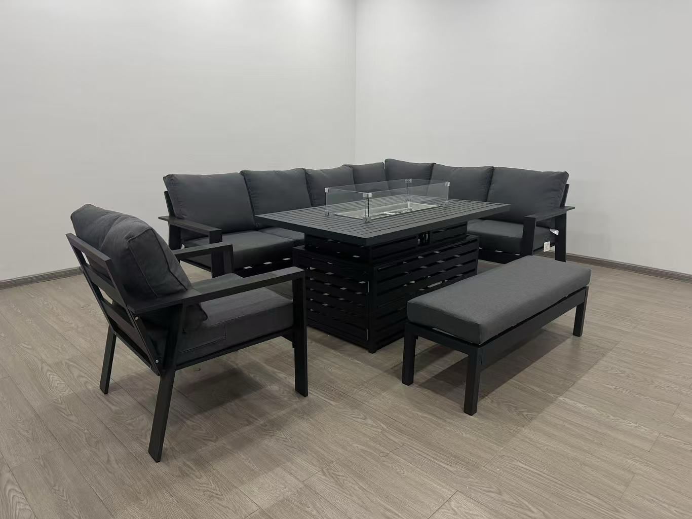 Vegas Aluminium Large Corner Sofa With Rising Firepit & Armchair Set