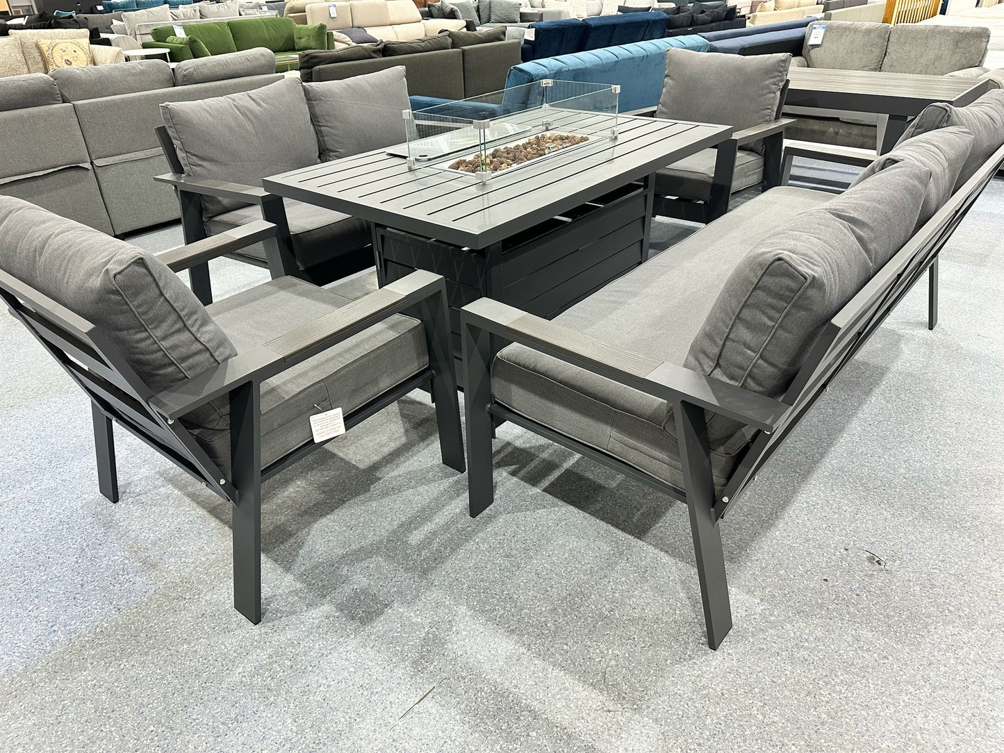 Florida Grey Aluminium 7 Seater Sofa Fire Pit Table Set