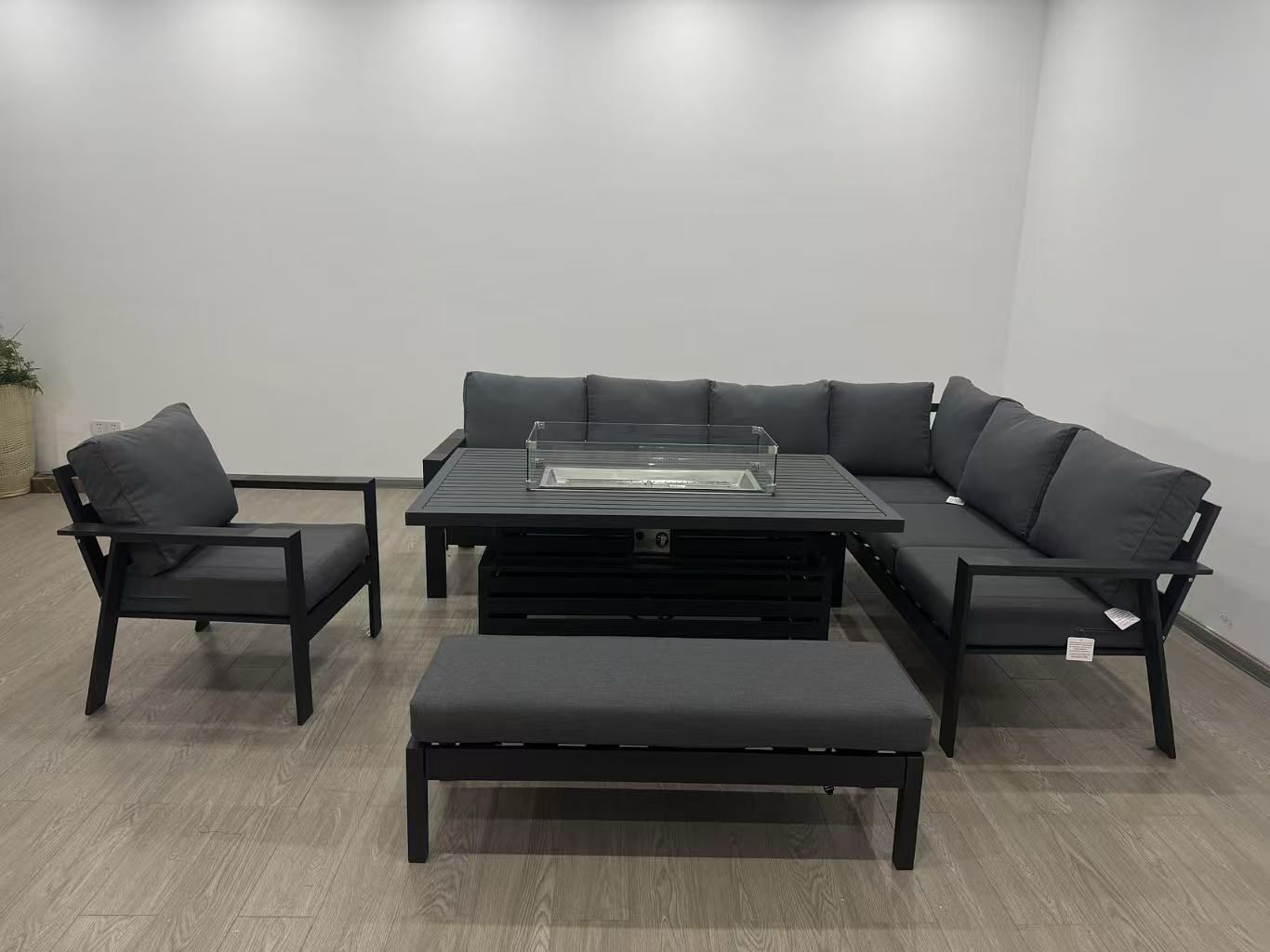 Vegas Aluminium Large Corner Sofa With Rising Firepit & Armchair Set