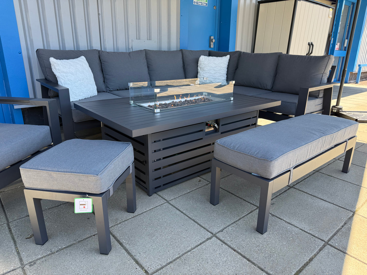 Vegas Aluminium Large Corner Sofa With Rising Firepit & Armchair Set
