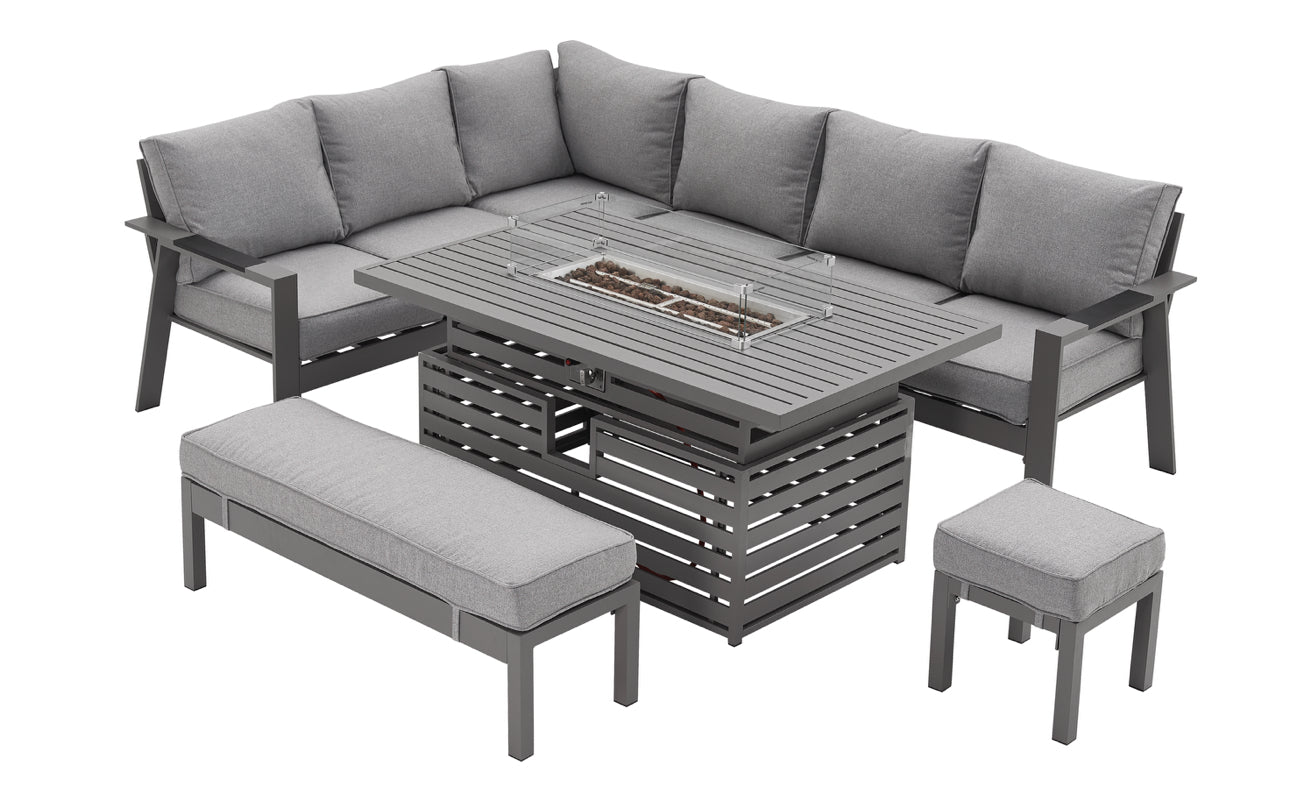 PRE ORDER Vegas Light Grey Aluminium Large Corner Rising Fire Pit Table Set
