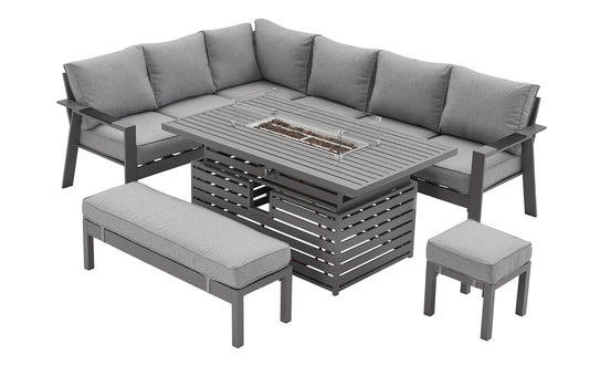 PRE ORDER Vegas Light Grey Aluminium Large Corner Rising Fire Pit Table Set