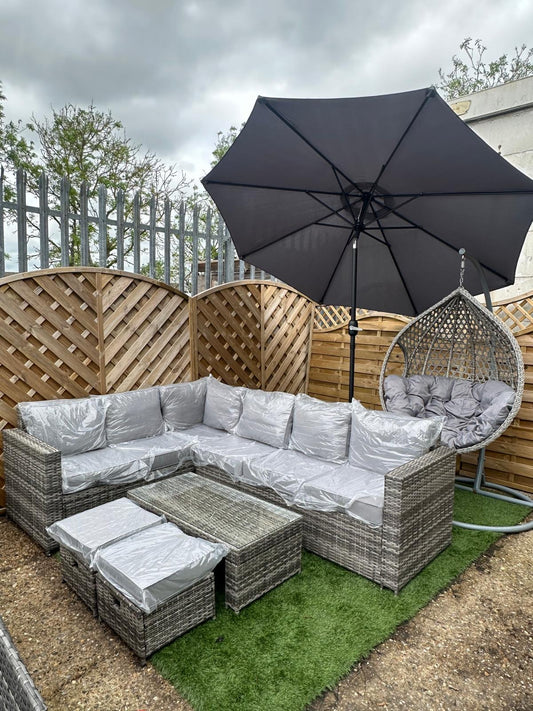 Garden Furniture Bundle 2 - Rattan Corner Lounge Set, Egg Chair, Parasol & Base