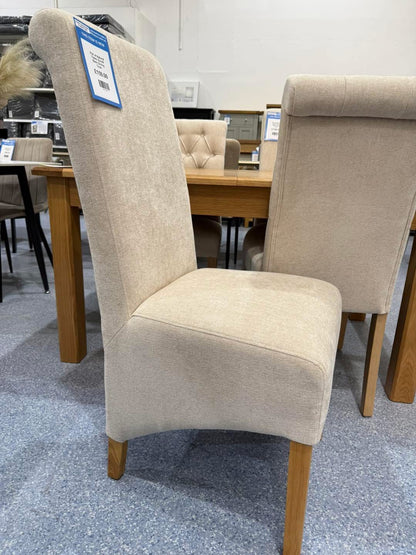 Pair of Natural Fabric Scroll Back Dining Chairs