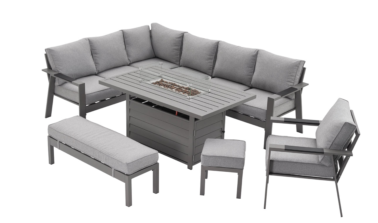 PRE ORDER Vegas Light Grey Aluminium Fire Pit Table & Armchair Set