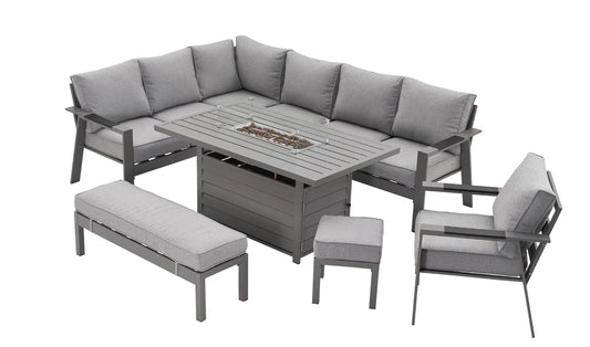 PRE ORDER Vegas Light Grey Aluminium Fire Pit Table & Armchair Set