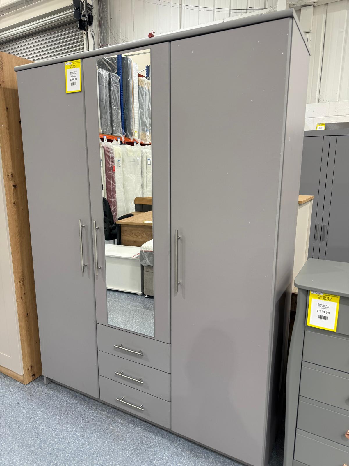 Normandy 3 Door 3 Drawer Mirrored Light Grey Wardrobe