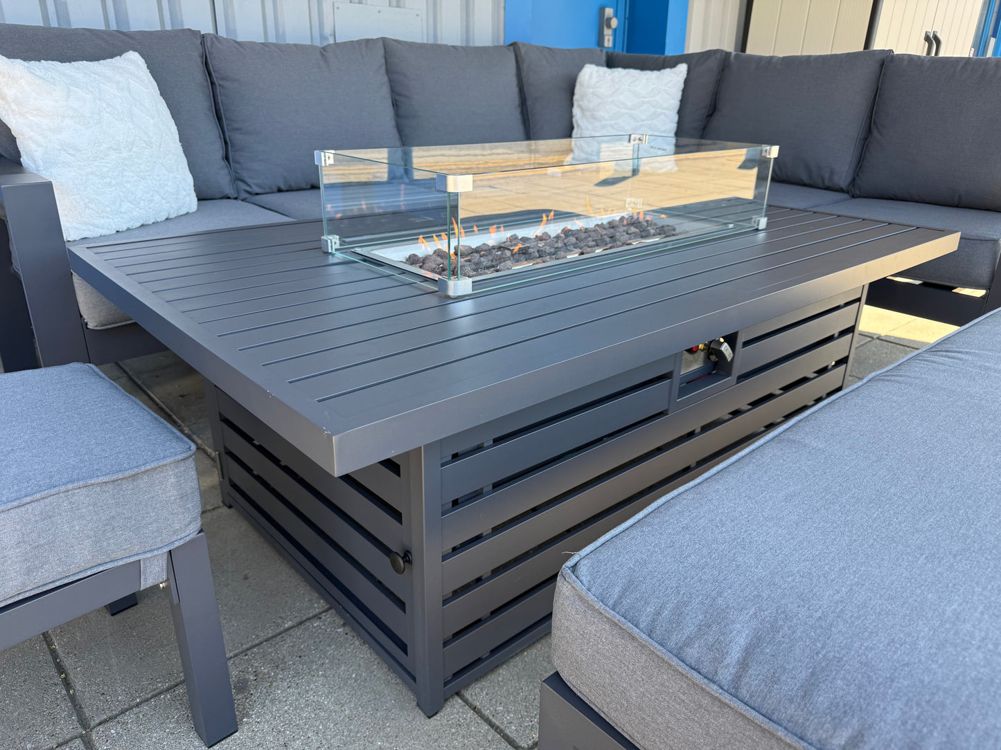 Vegas Aluminium Large Corner Sofa With Rising Firepit & Armchair Set
