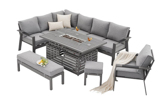 PRE ORDER Vegas Light Grey Aluminium Large Corner Rising Fire Pit Table & Armchair Set