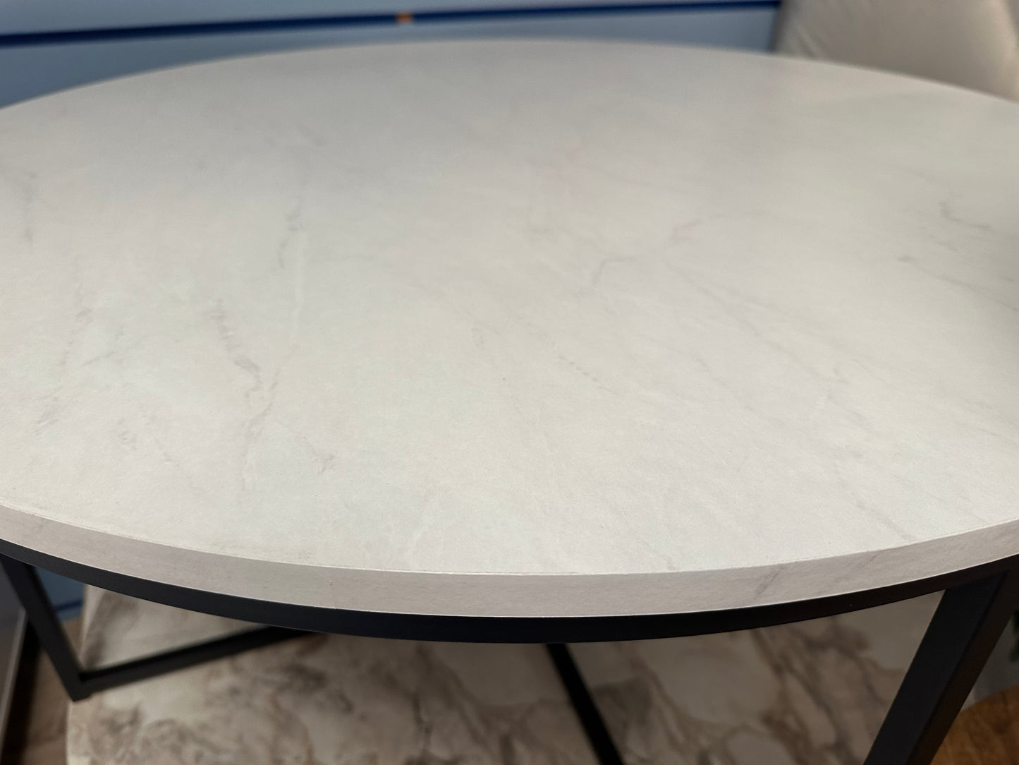 White Round Marble Effect Coffee Table With Black Metal Legs