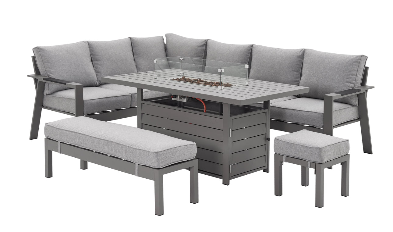 PRE ORDER Vegas Light Grey Aluminium Large Corner Fire Pit Table Set