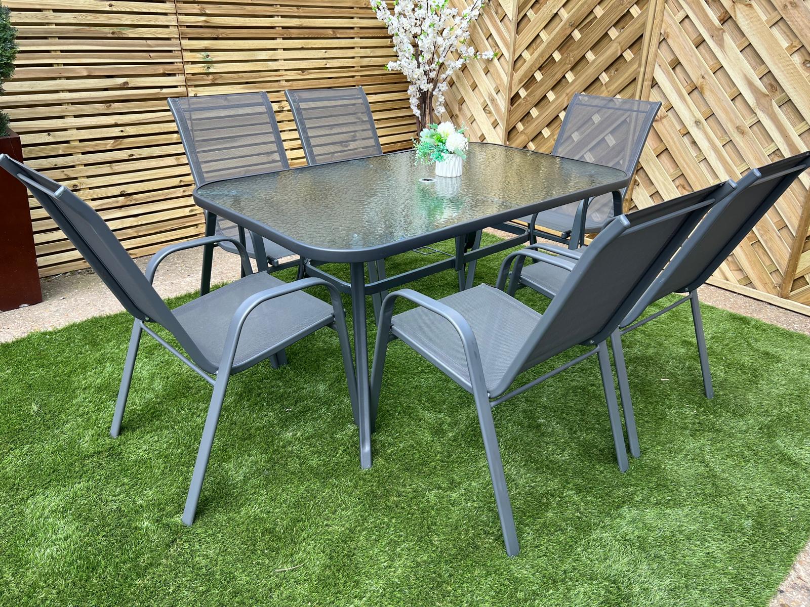 Discount Table Panama Grey Patio Glass Top Dining Table – Essex Discount Furniture