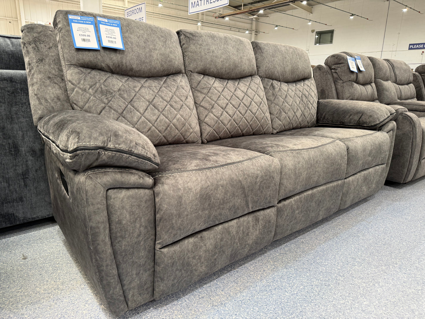 Lorenza Grey Fabric 3 Seater Manual Reclining Sofa