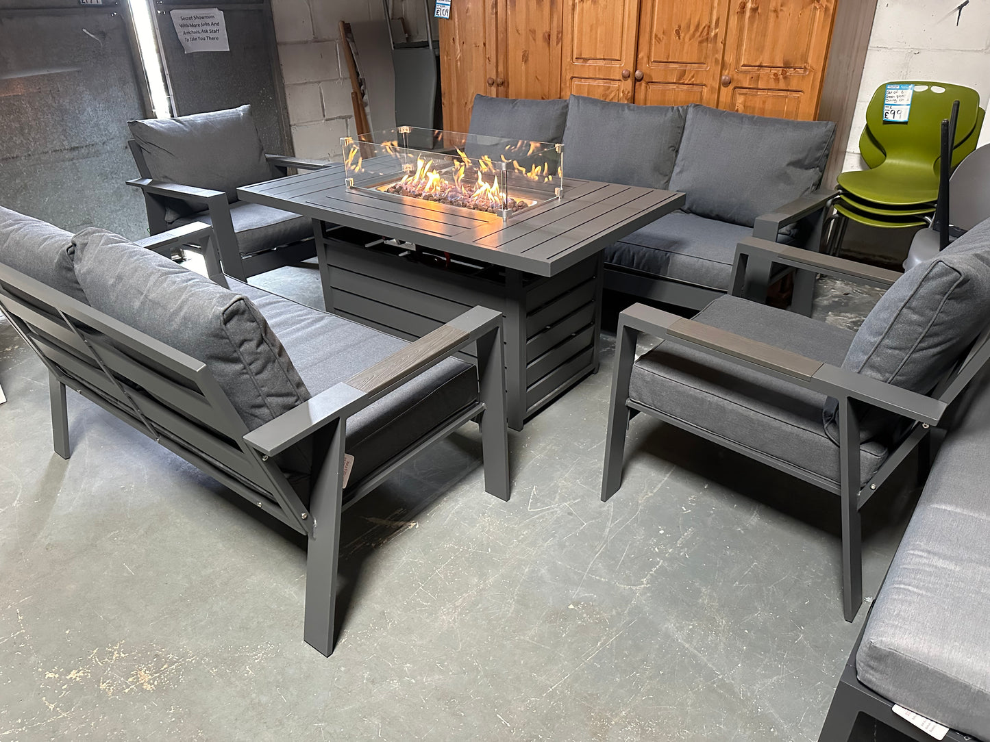 Grey Aluminium 7 Seater Sofa Fire Pit Table Set