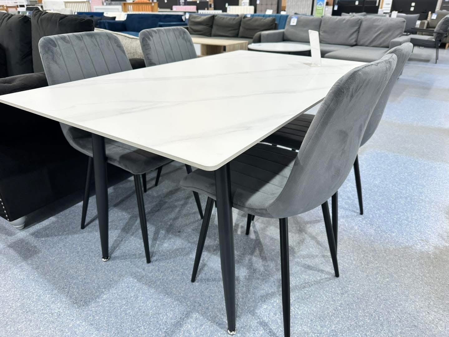 New York White Sintered Stone Dining Table & 4 Grey Chairs