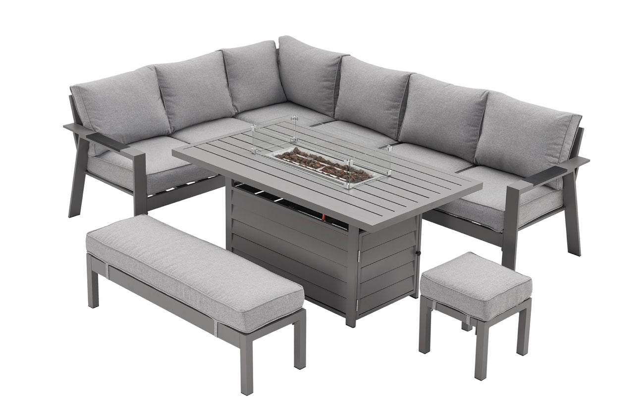 PRE ORDER Vegas Light Grey Aluminium Large Corner Fire Pit Table Set