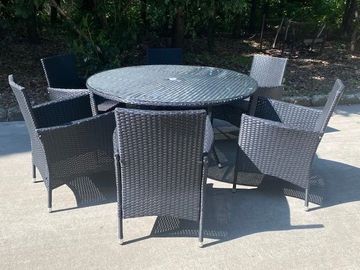 Black Rattan Round Table with 6 Chairs