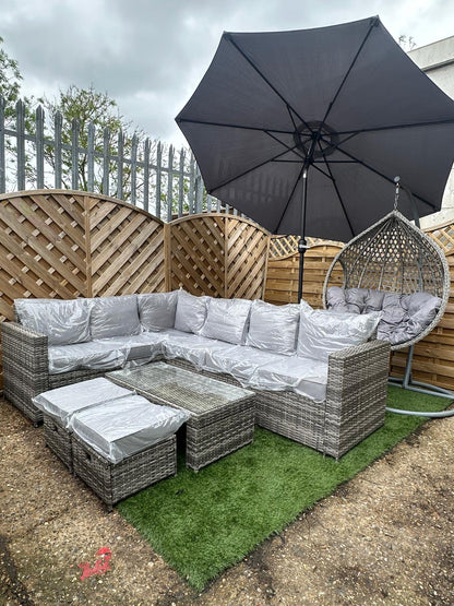 Garden Furniture Bundle 2 - Rattan Corner Lounge Set, Egg Chair, Parasol & Base