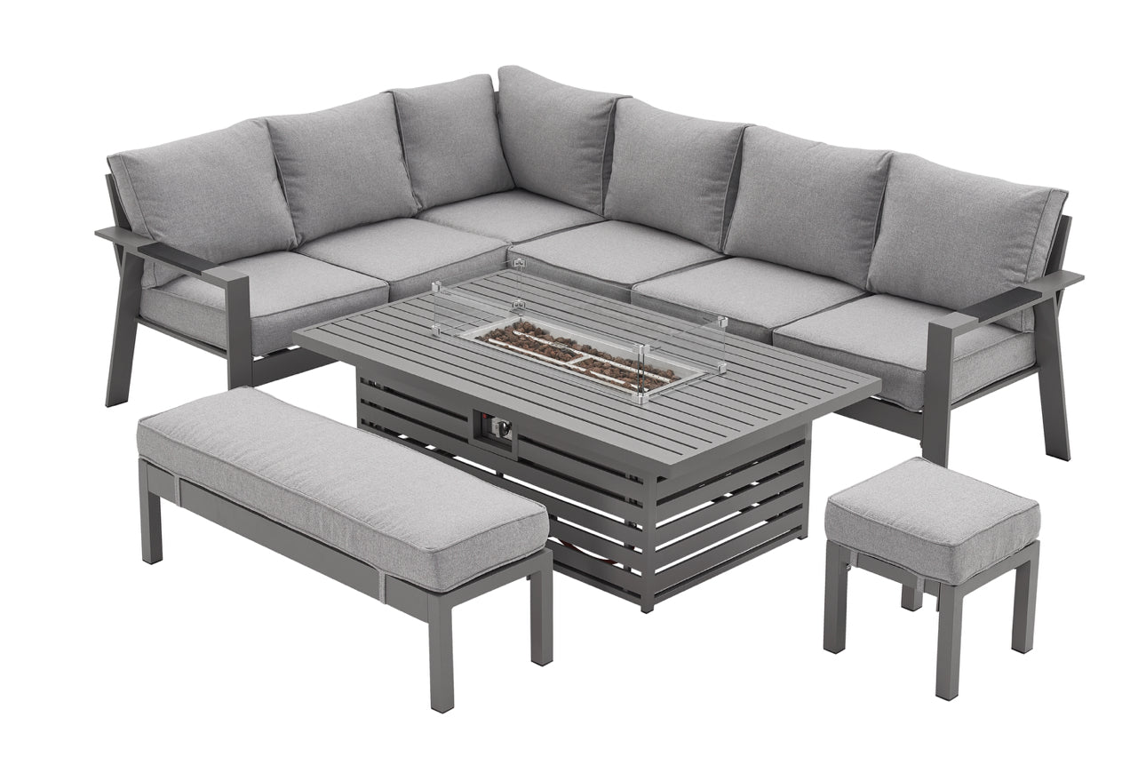 PRE ORDER Vegas Light Grey Aluminium Large Corner Rising Fire Pit Table Set