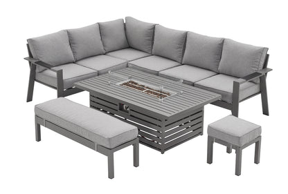 PRE ORDER Vegas Light Grey Aluminium Large Corner Rising Fire Pit Table Set
