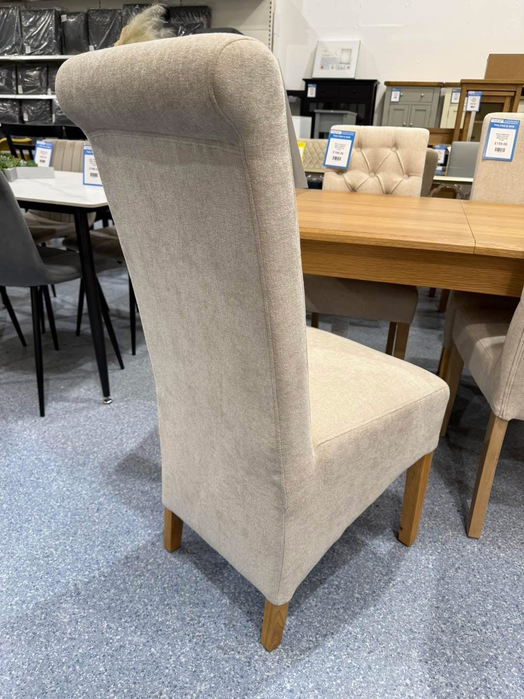 Pair of Natural Fabric Scroll Back Dining Chairs