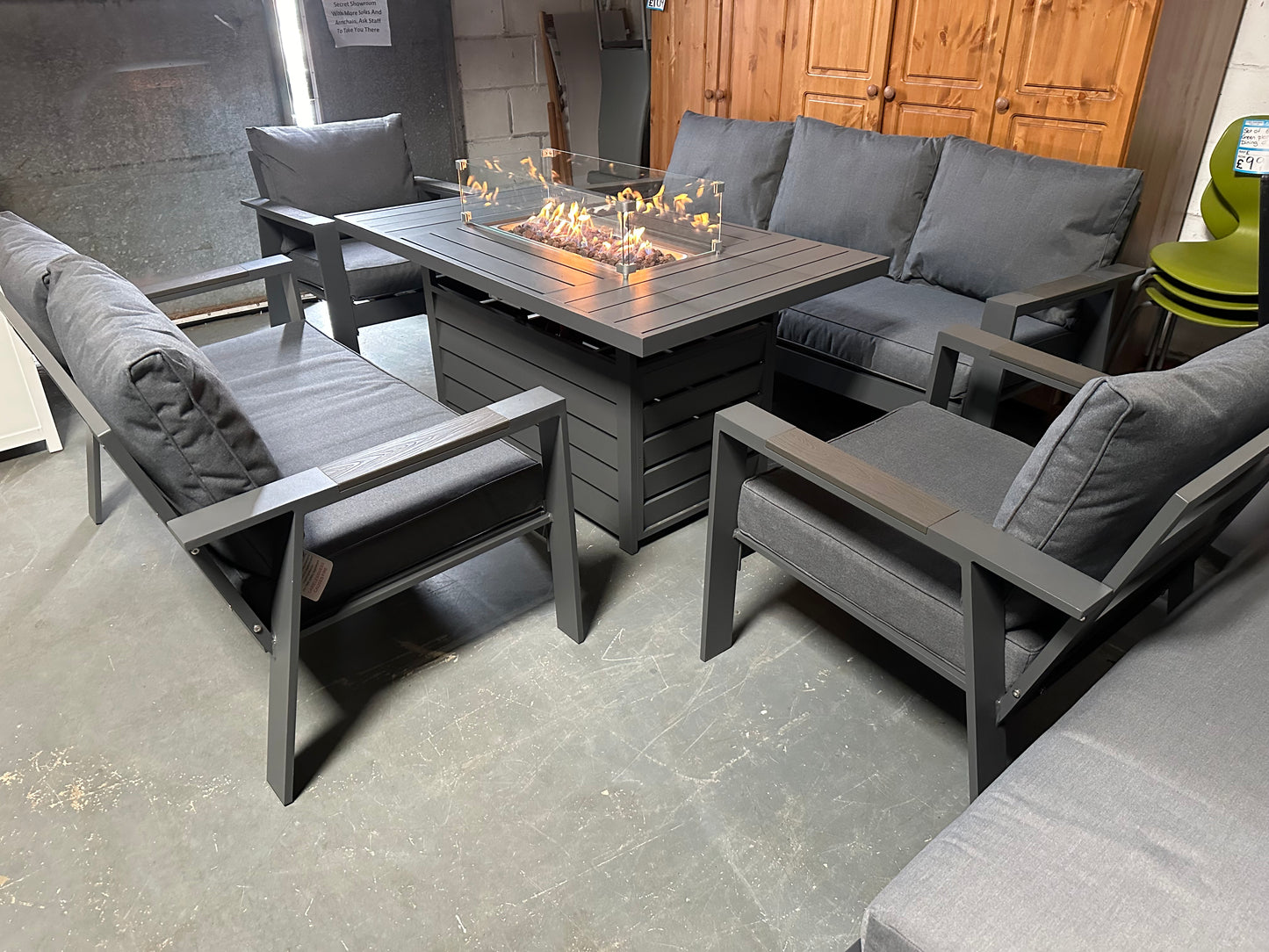 Grey Aluminium 7 Seater Sofa Fire Pit Table Set