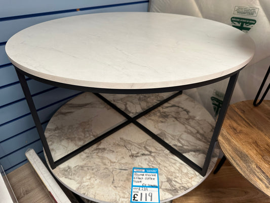 White Round Marble Effect Coffee Table With Black Metal Legs