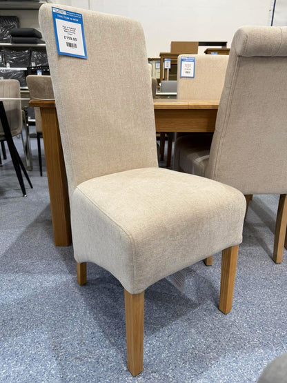 Pair of Natural Fabric Scroll Back Dining Chairs