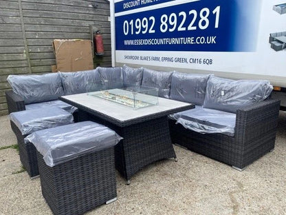 Graphite Grey Rattan Modular Large Corner Fire Pit Table Set