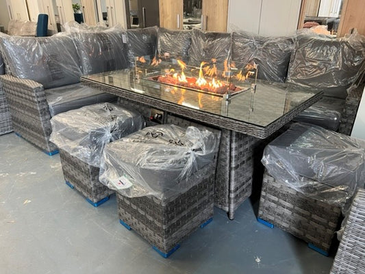 Grey Wide Weave Rattan Large Corner Sofa Fire Pit Table Set