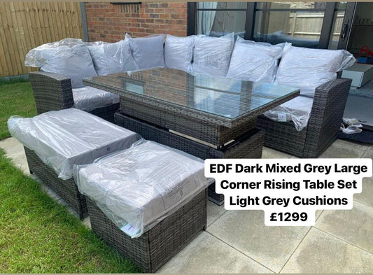 EDF Dark Mixed Grey Rattan Large Corner Rising Table Set