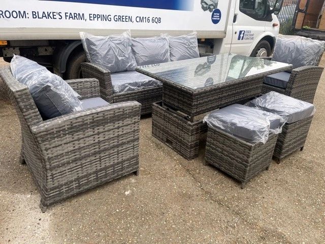 Mixed Grey Rattan 7 Seater Sofa Dining Set with Rising Table